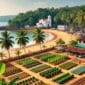 Realistic view of Goa's hidden gems featuring Portuguese-style white-washed churches, golden sandy beaches, turquoise waves, and lush greenery with traditional fishing boats and palm trees.