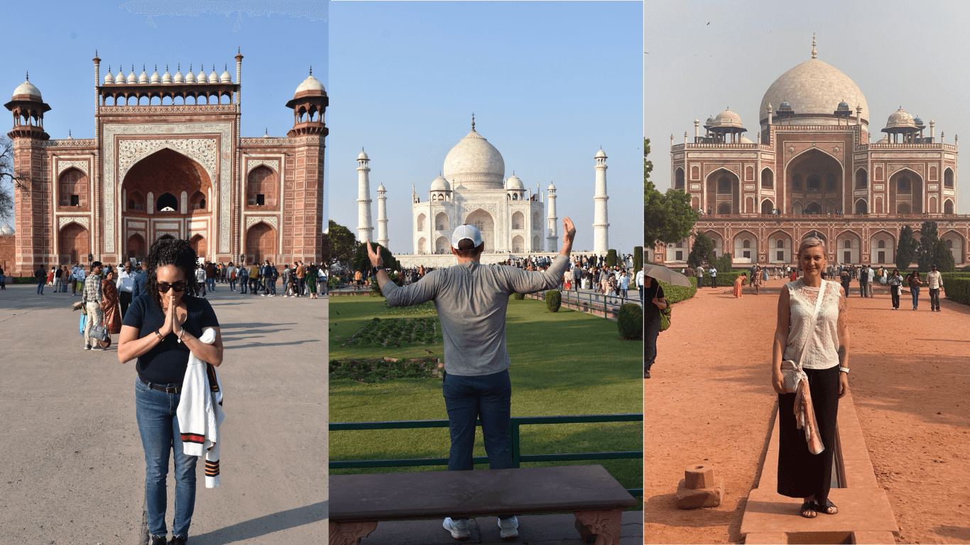 Travelers visiting Agra Fort Taj Mahal and Humayun’s Tomb during a Golden Triangle shore excursion in India