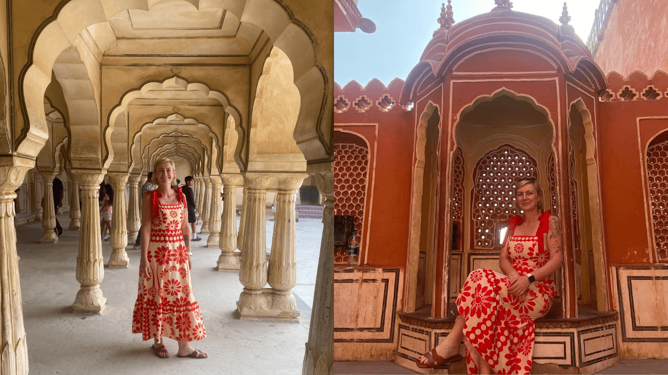 Tourist exploring the ornate arches and royal interiors of a historic palace in Jaipur, Rajasthan