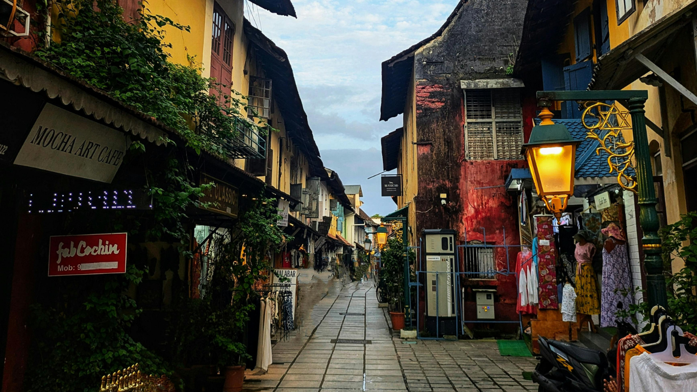 Colonial street in Fort Kochi with heritage buildings and shops
