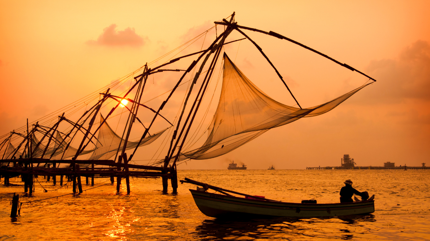 Chinese fishing nets at sunset in Kochi Kerala waterfront
